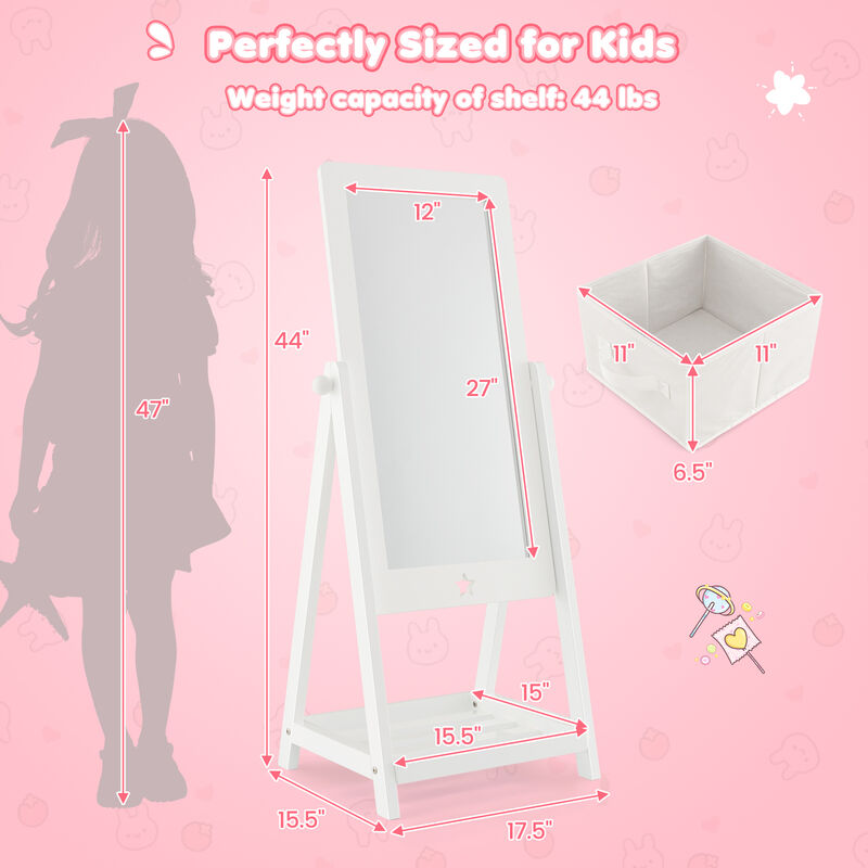 Kids Full Length Wooden Standing Mirror with Bottom Shelf and Foldable Storage Bin-White