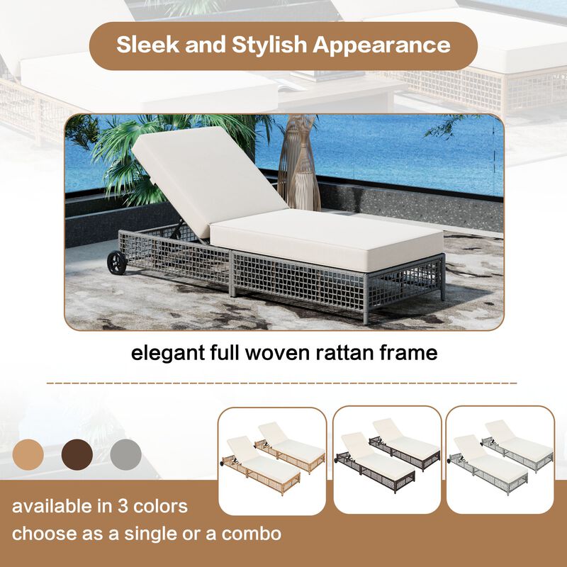 Whisen Rattan Outdoor Lounge Chair Set of 2, Patio Chaise Lounge with 5-Position Backrest - Natural