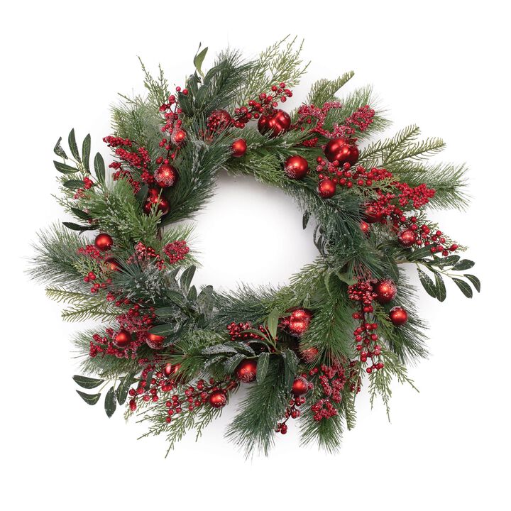 Mixed Pine Wreath with Berries and Ornaments for Holiday Door or Wall Decor