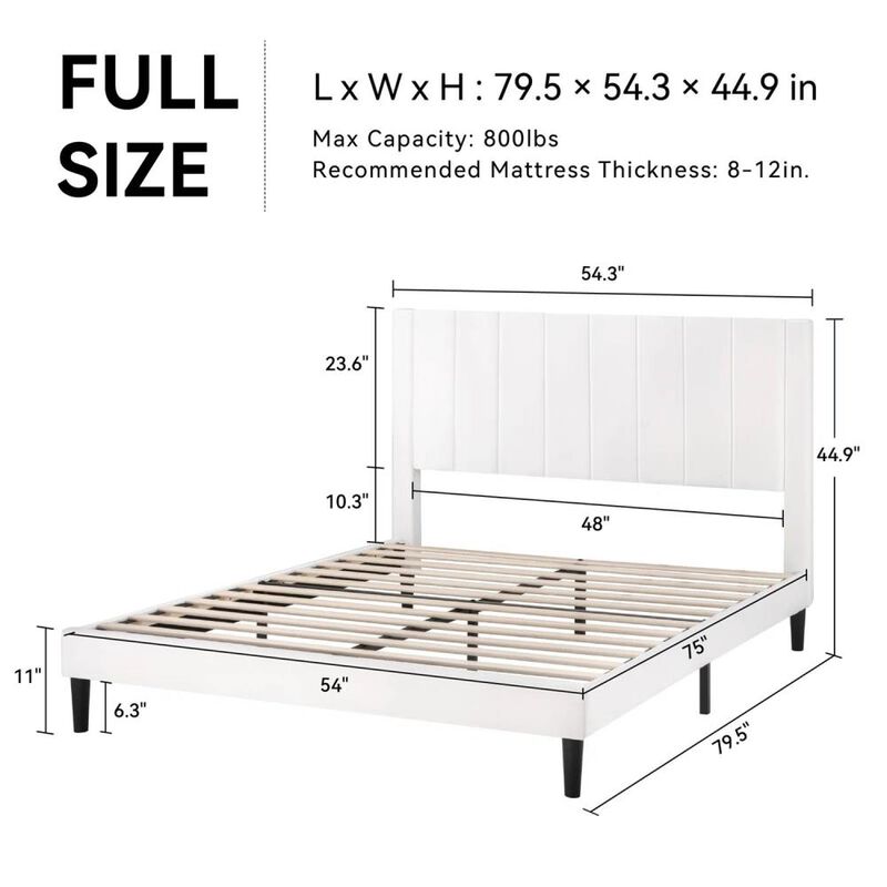 Hivvago Full size White Velvet Upholstered Platform Bed Frame with Headboard