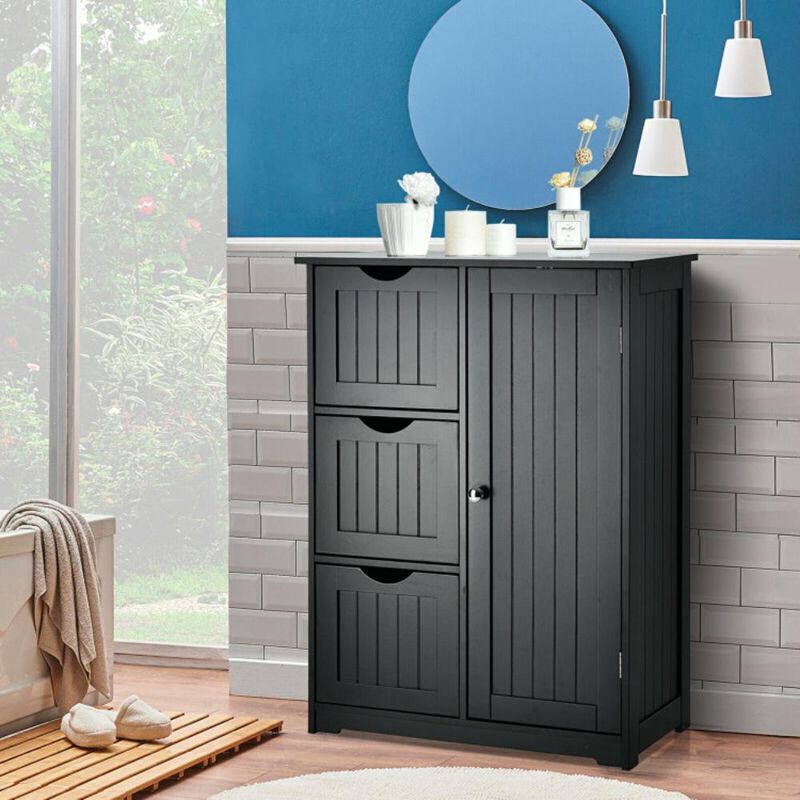 Hivvago Bathroom Floor Cabinet Side Storage Cabinet with 3 Drawers and 1 Cupboard