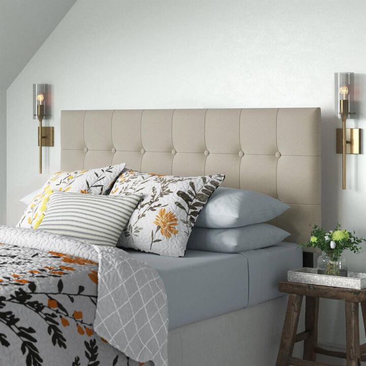 Button-Tufted Headboard in Light Grey Taupe Beige Upholstered Fabric
