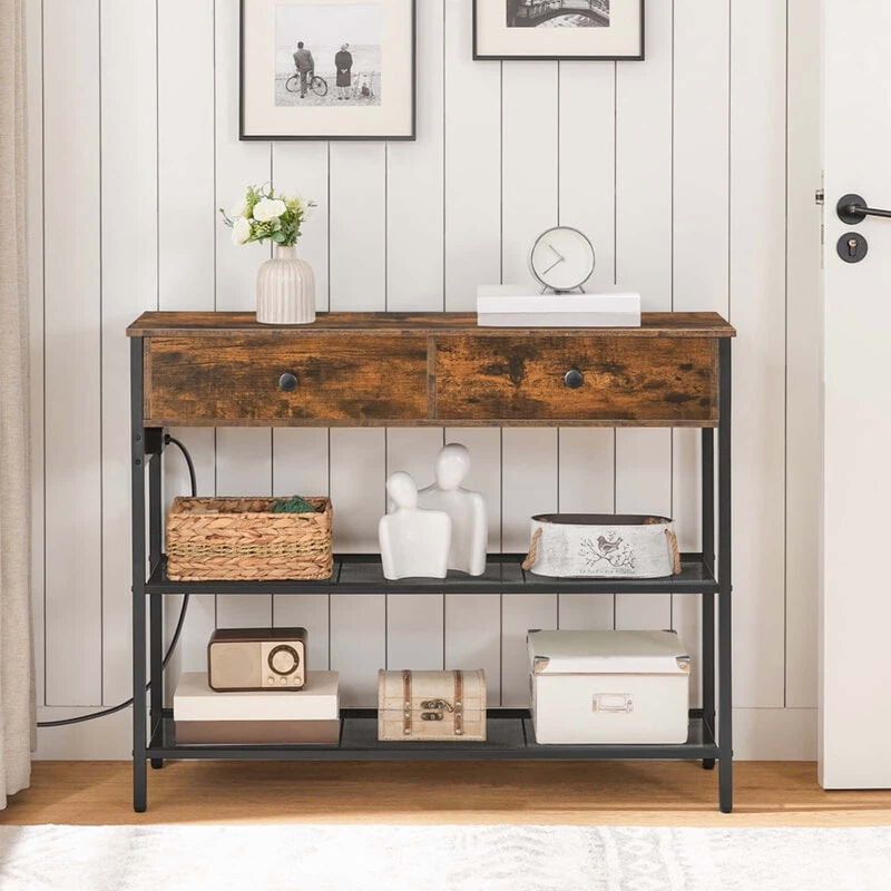 3-Tier Industrial Slim Console Table with Charging Station & Drawers image number 3
