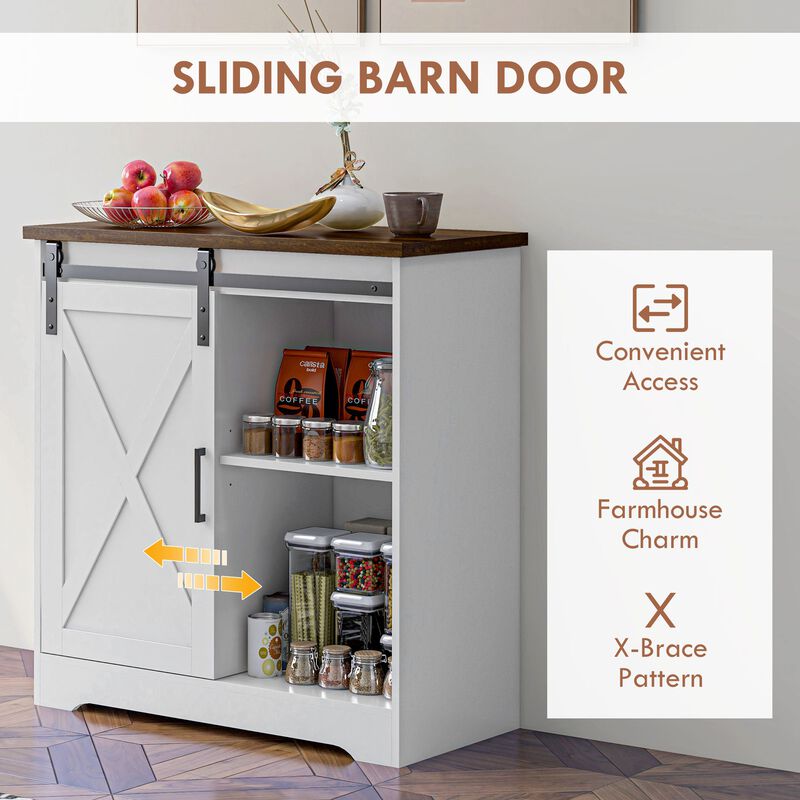 White Coffee Bar Cabinet: Sliding Barn Door, Adjustable Shelf