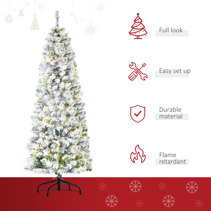 6' Pre-Lit Hinged Snow Flocked Pencil Artificial Christmas Tree w/ LED Lights