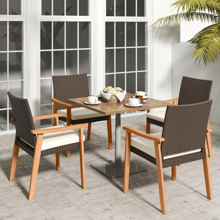 Set of 2 Outdoor Patio PE Rattan Dining Chairs with Acacia Wood Armrests and Cushion