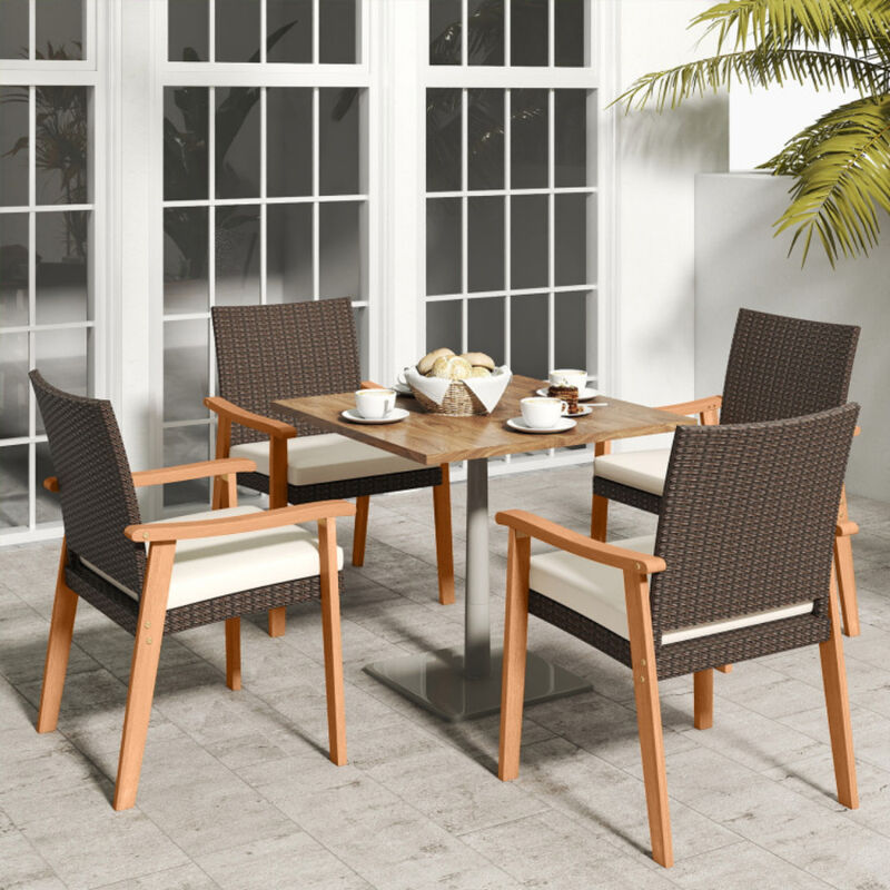 Set of 2 Outdoor Patio PE Rattan Dining Chairs with Acacia Wood Armrests and Cushion image number 1