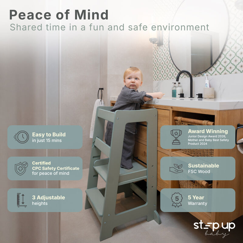 Stepup Baby&reg; Adjustable Toddler Tower - Green Wooden Step Stool for Kids | Toddler Standing Tower with Child-safe Chopper & Chopping Board for 18M-4Y image number 3