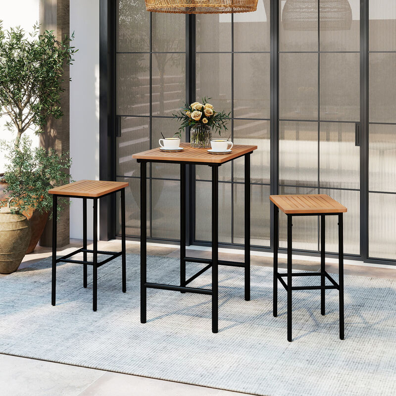 Acacia Wood Outdoor Bar Set 3 Piece with Rectangular Table and Metal Legs-Natural image number 5