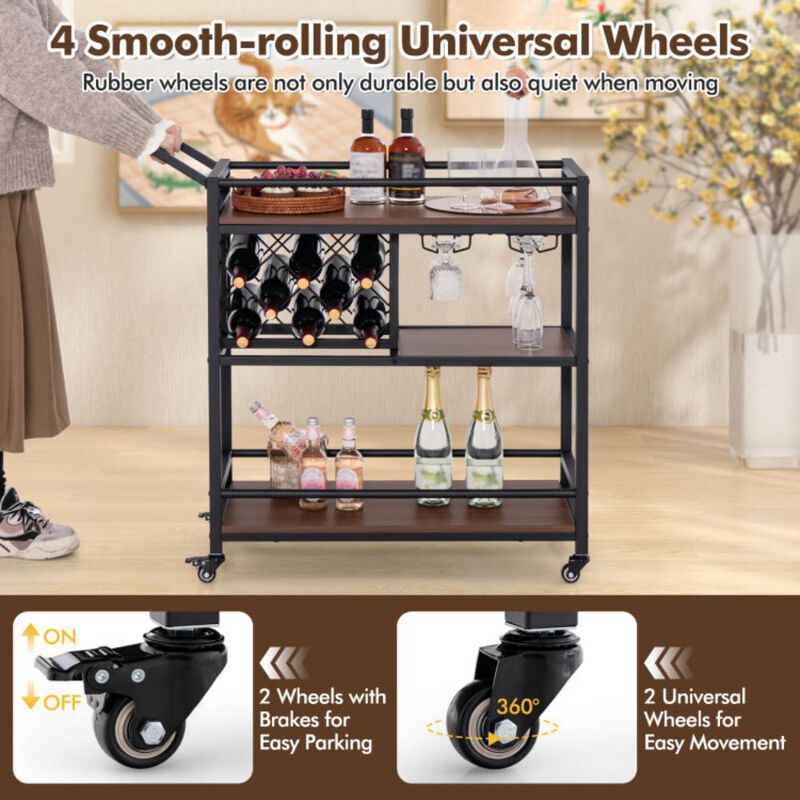 Hivvago 3-tier Bar Cart on Wheels Home Kitchen Serving Cart with Wine Rack and Glasses Holder