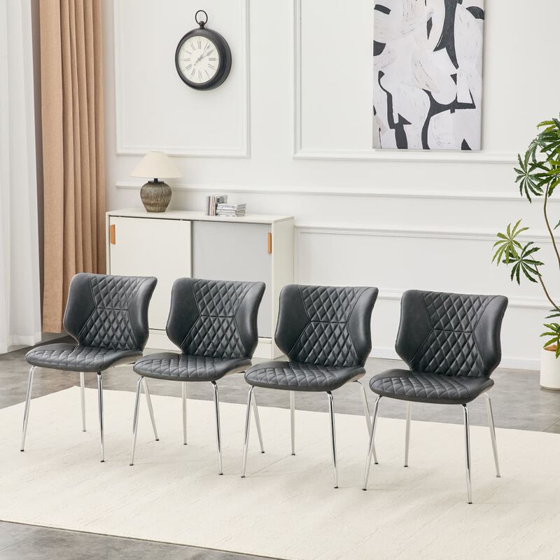 Set of 4 Leather Dining Chairs Square High Back Dining Chairs with Chevron Tufting Retro Dining Chairs with Metal Legs and Back Handle image number 1