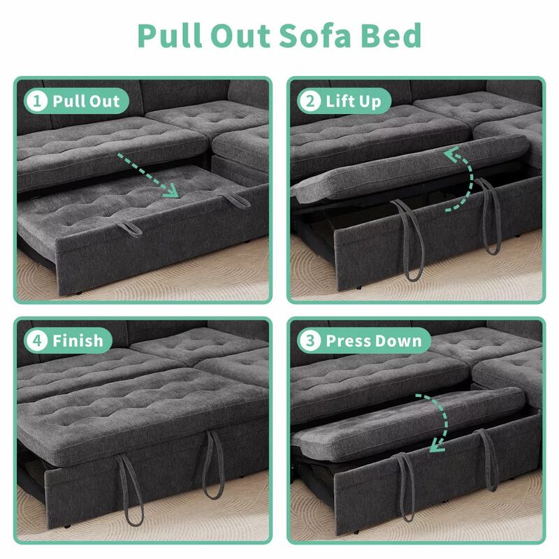 102" 8-Seat U-Shaped Modular Sectional Sleeper Sofa with Pull Out Bed, Chenille Reclining Backrests image number 8