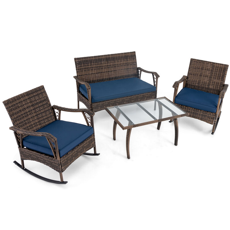 4-Piece Wicker Rocking Set with Bungee Rope Seat – Comfortable Outdoor Chairs for Porch or Yard