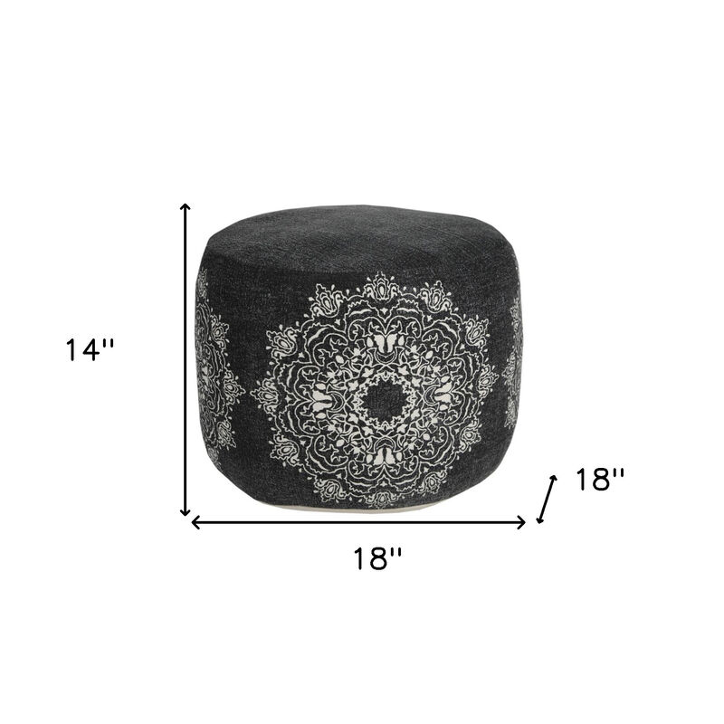 Hivvago 18 Inch Black Cotton Cylinder Medallion Pouf Ottoman