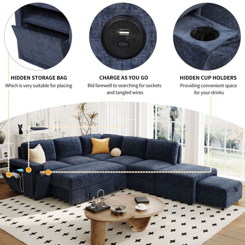 Gabdor L‑Shaped Pull‑Out Sectional Sofa Bed image number 4