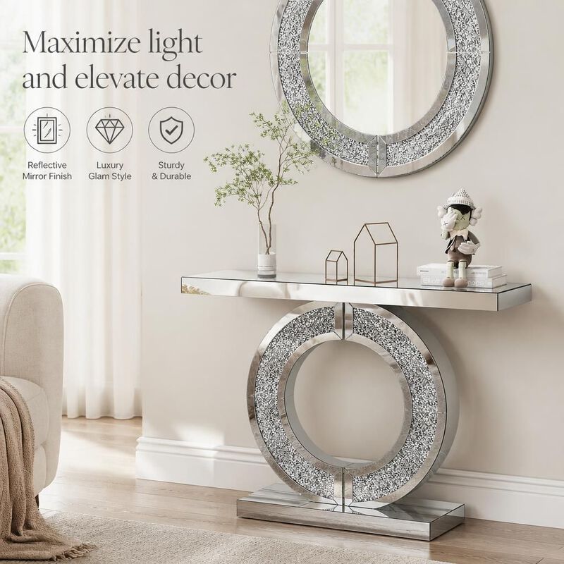 O Shaped Mirrored Console Table Handcrafted Beveled Edge Accent Table image number 4