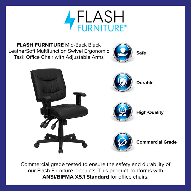 Cole Mid-Back Black LeatherSoft Multifunction Swivel Ergonomic Task Office Chair with Adjustable Arms image number 3