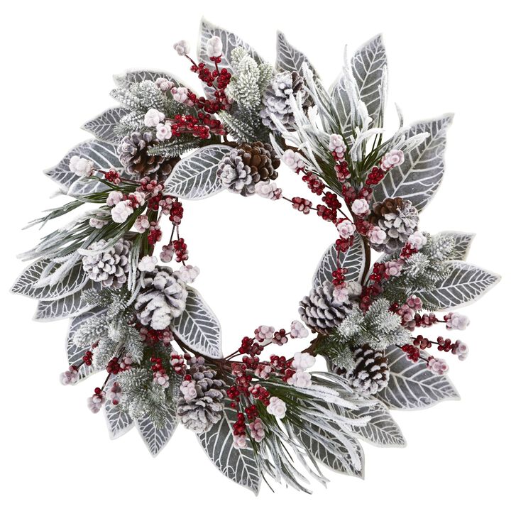 HomPlanti 24" Snowy Magnolia Berry Artificial Wreath