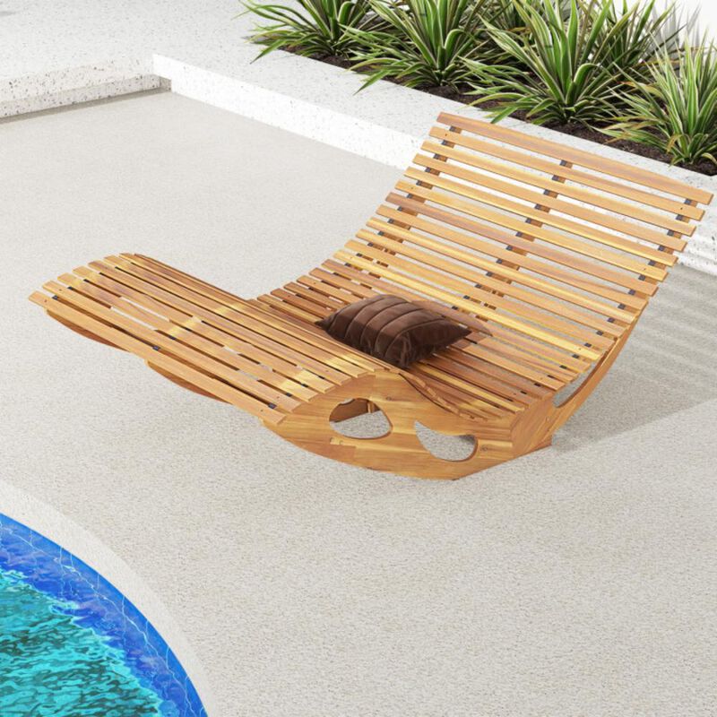 Hivvago Slatted Acacia 2-Seat Patio Dual Rocker Sunbed Wood Lounger with Ergonomic Curved Seat
