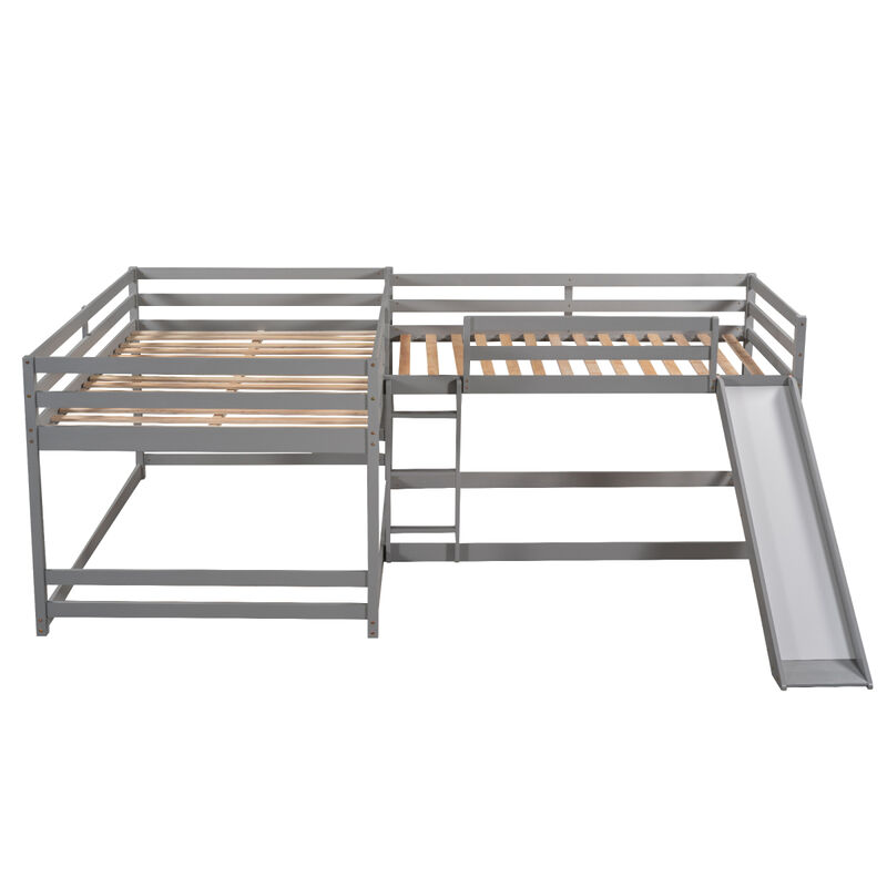 Full and Twin Size L-Shaped Bunk Bed with Slide and Short Ladder, White