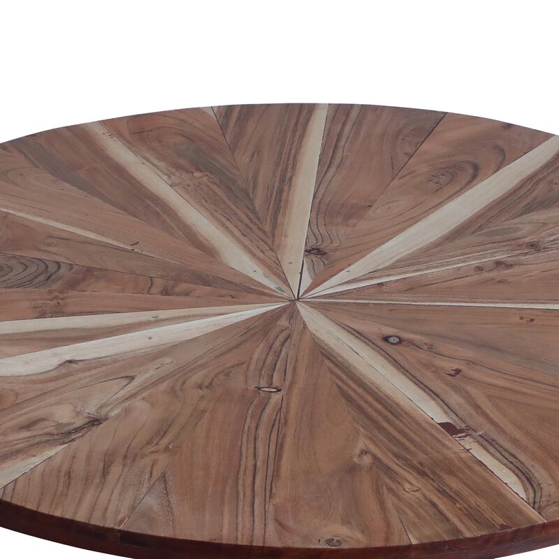 31 Inch Round Acacia Wood Coffee Table, Sunburst Design, Black Powder Coated Tapered Iron Legs, Natural Brown-Benzara image number 4