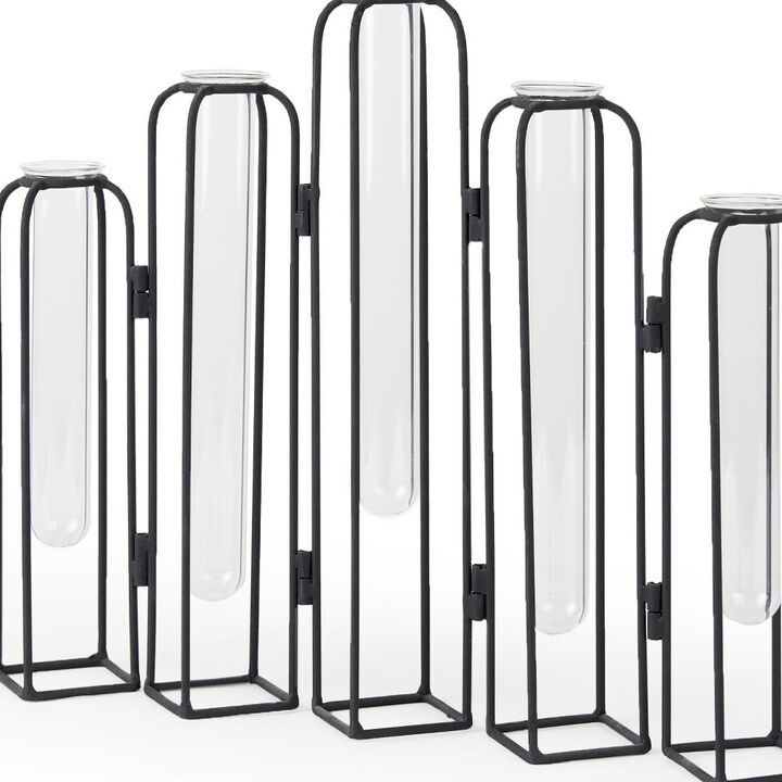 HomeRoots 11" Clear And Black Glass And Metal Five Tube Table Vase