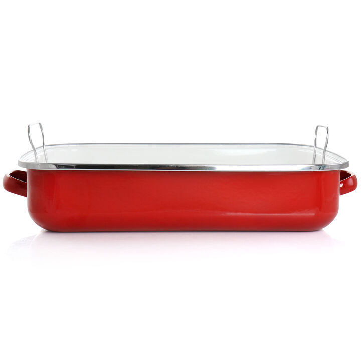 Martha Stewart 18 Inch Enamel on Steel Roasting Pan in Red with Roasting Rack