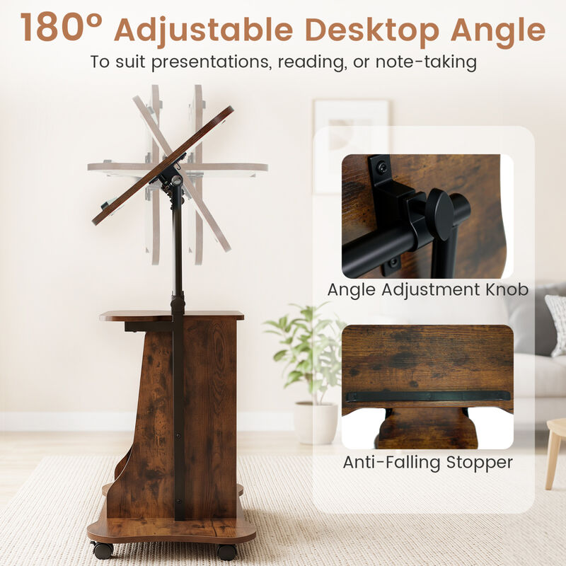 Mobile Standing Desk Cart with Adjustable Height, Tilt Desktop and Cabinet image number 4