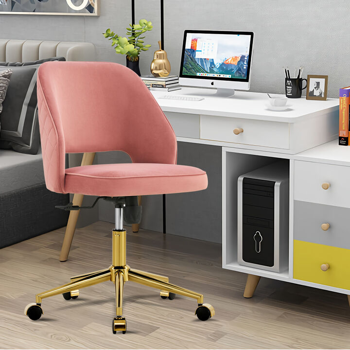 Modern Home Velvet Office Chairs, Adjustable 360 Swivel Chair Engineering Plastic Armless Swivel Computer Chair With Wheels for Living Room, Bedroom Office Hotel Dining Room .Pink