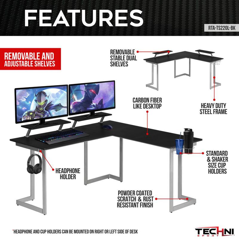Techni Sport Warrior L-Shaped Gaming Desk, Black