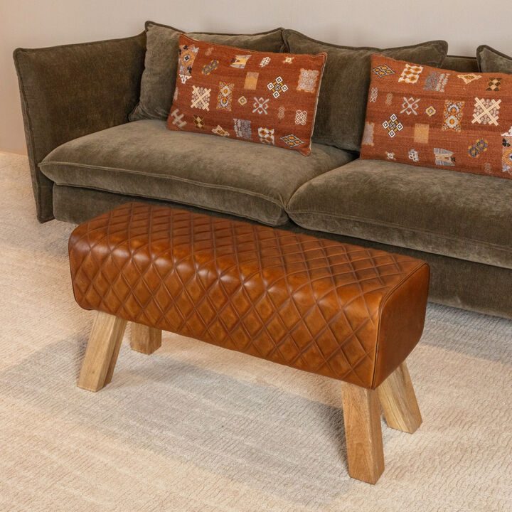 Stitched Leather and Wood Bench, Camel and Natural