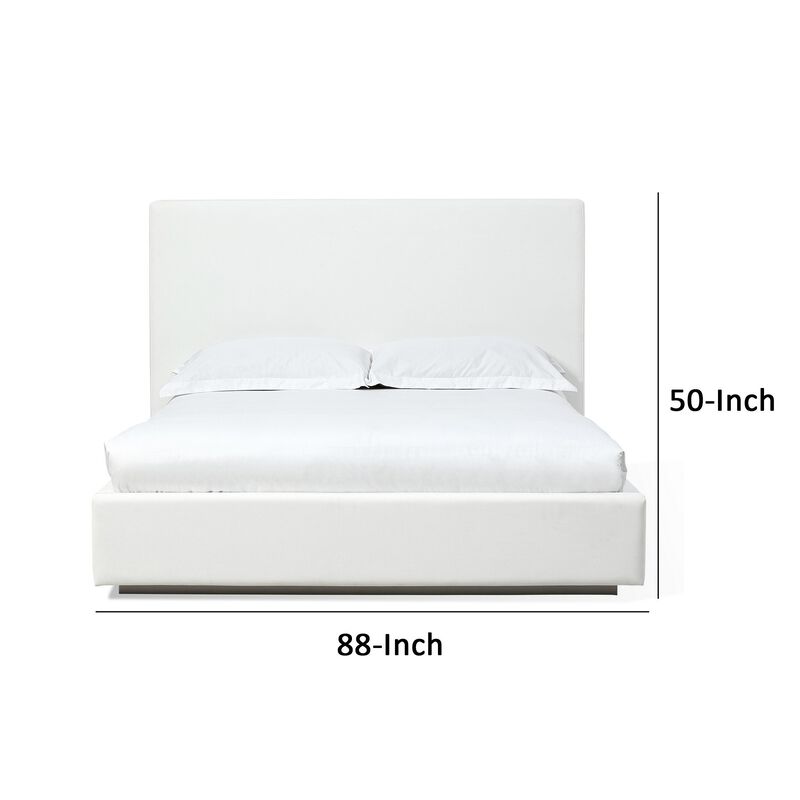 Uma King Size Platform Bed, Tall Panel Headboard, Cream Canvas Upholstery - Benzara