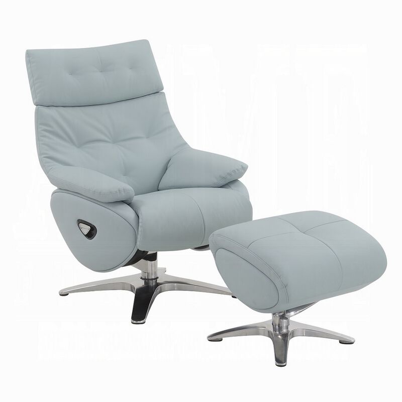 Fema Swivel Accent Chair w Ottoman, Light Blue Top Grain Leather