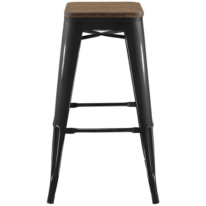 Modway Promenade Industrial Modern Steel Backless Bistro Bar Stool with Bamboo Seat in Black