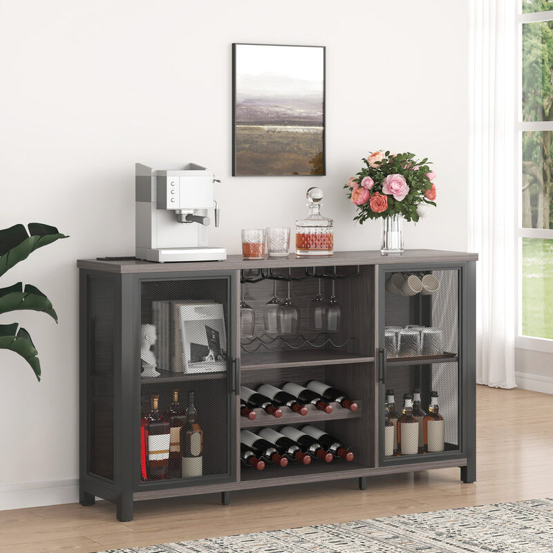 Industrial Bar Cabinet with Wine Rack and Storage for Liquor, Glasses, and More