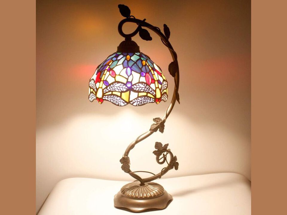 Table Lamp &ndash; Tiffany Dragonfly Stained Glass Desk Light, Blue Yellow Leaf Base
