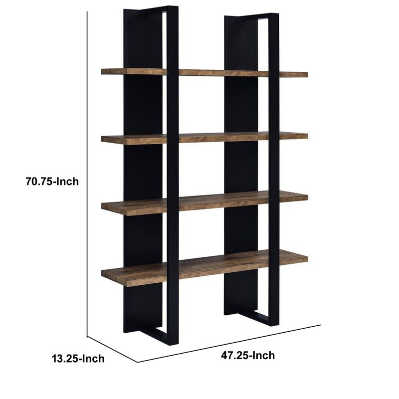 Bookcase with 4 Tier Shelves and Wooden Frame, Brown and Black - Benzara
