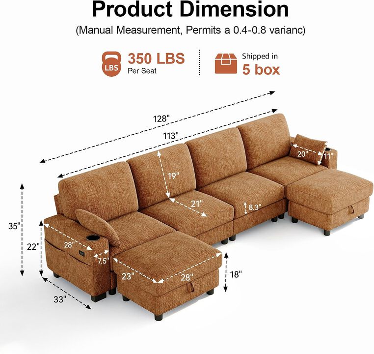 Vipbear 128" Modular Sectional Sofa, Chenille U Shaped Cloud Couch with Ottoman Adjustable Backrest