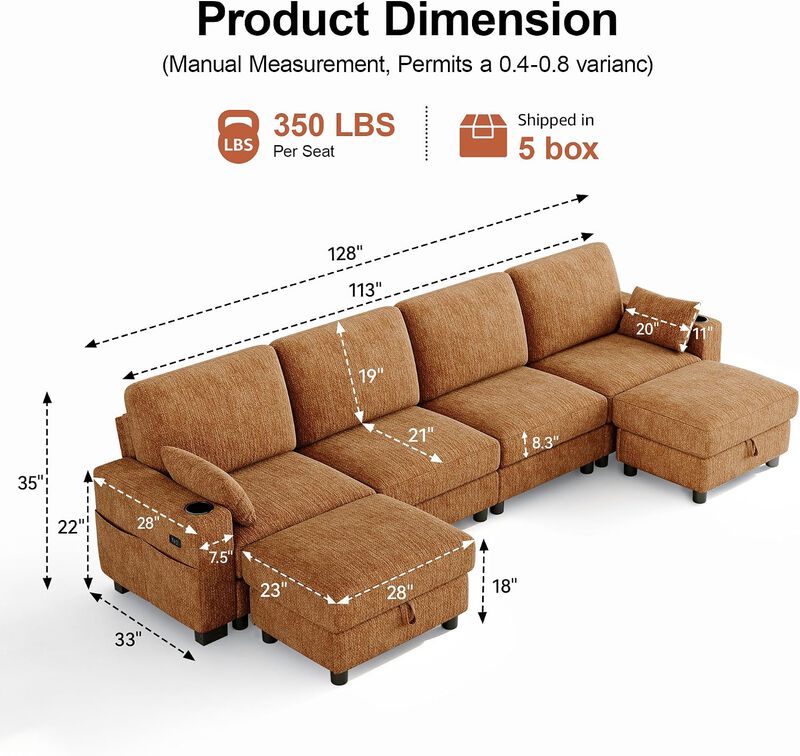 Vipbear 128" Modular Sectional Sofa, Chenille U Shaped Cloud Couch with Ottoman Adjustable Backrest image number 1