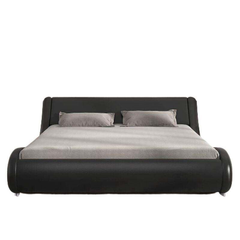 Hivvago Queen Modern Black Faux Leather Upholstered Platform Bed Frame with Headboard