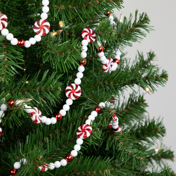 9' Red and White Peppermint Candy Beaded Christmas Garland  Unlit