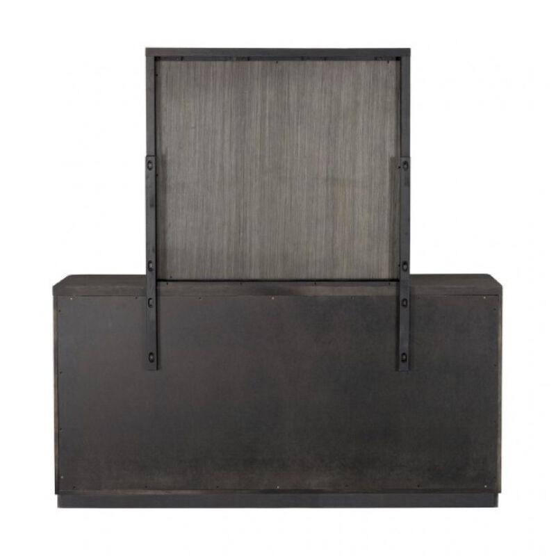 Zoko Wide Dresser with 5 Drawers, Textured Metal Accents, Ash Gray - Benzara