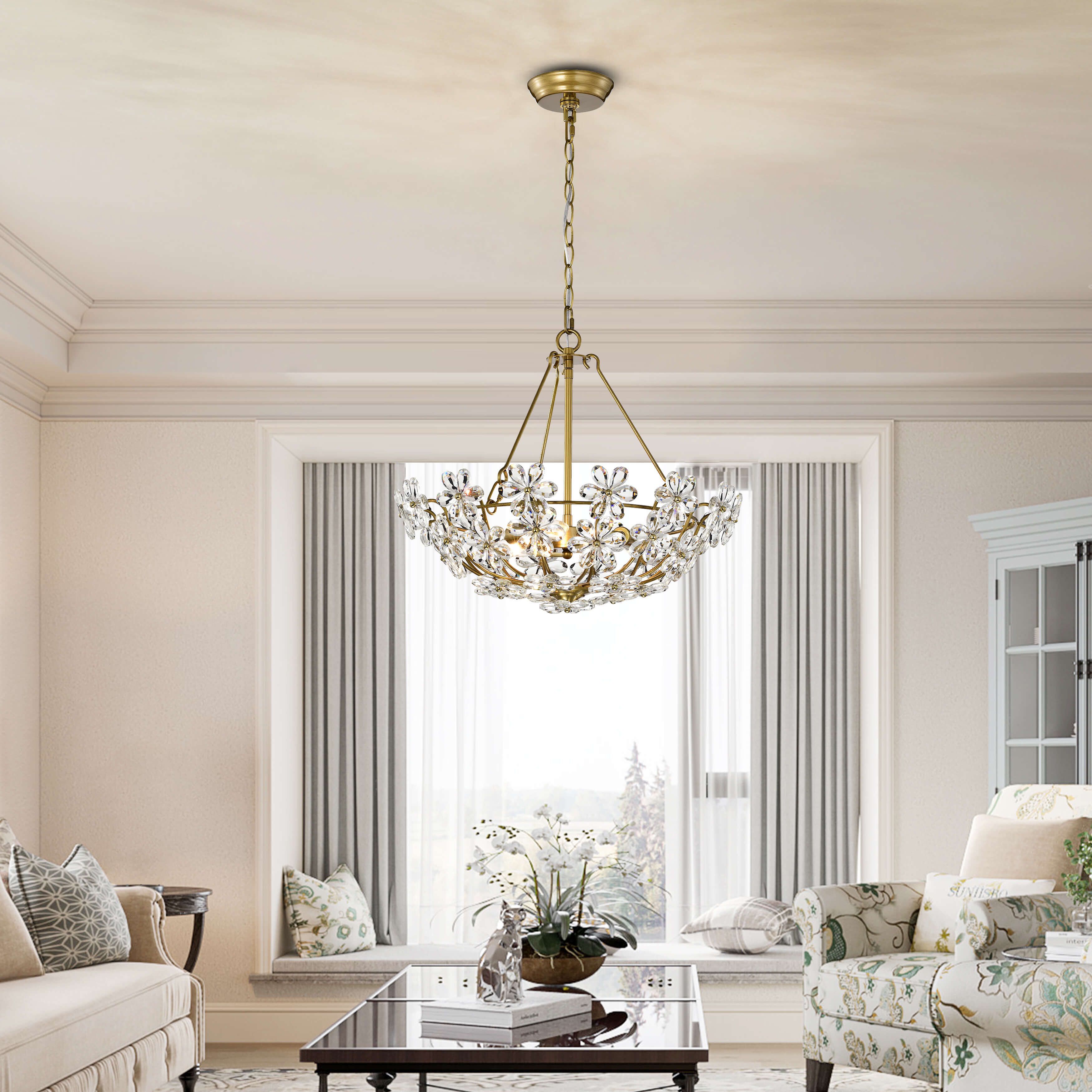 Daria Glam Brushed Brass 3-Light Daisy Crystal Glass Flower Chandelier