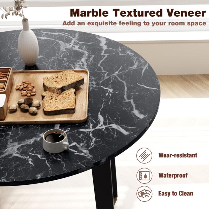 Hivvago 35 Inch Round Dining Table with Rubber Wood Legs and Marble-textured Veneer Tabletop