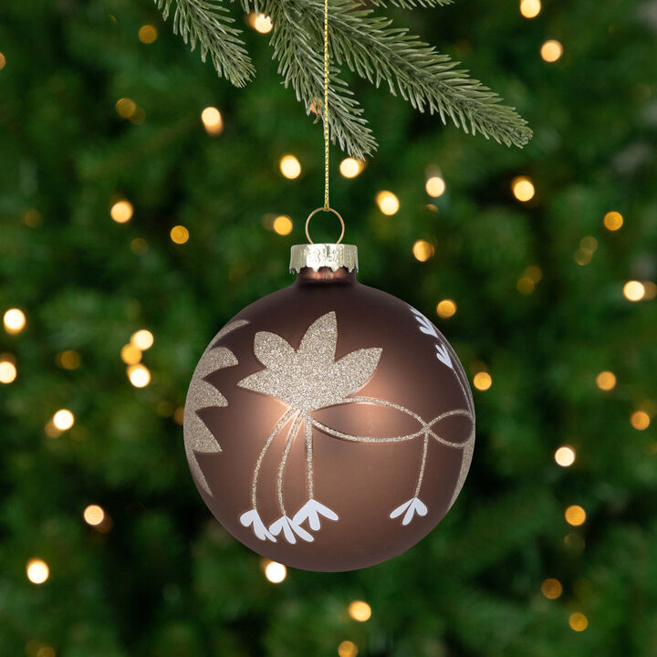 Glittered Flower Vine Glass Christmas Ball Ornaments - 3" (75mm) - Bronze - 4ct