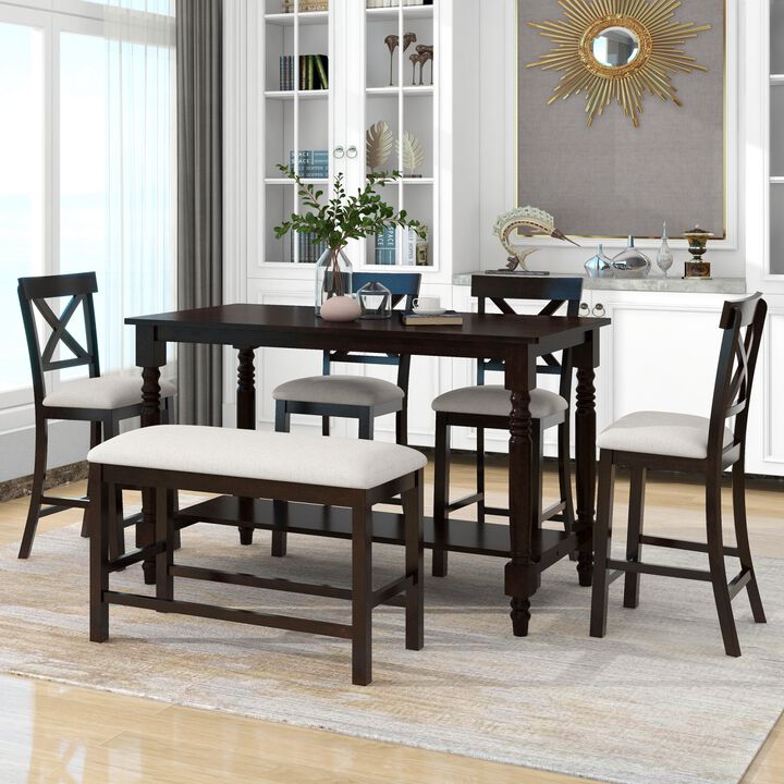 6-Piece Counter Height Dining Table Set Table with Shelf 4 Chairs and Bench