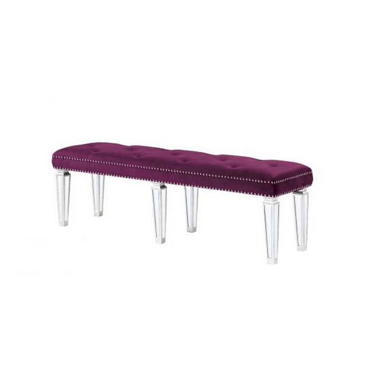 Accent Bench with Tufted Velvet Seat and Mirrored Legs, Purple-Benzara