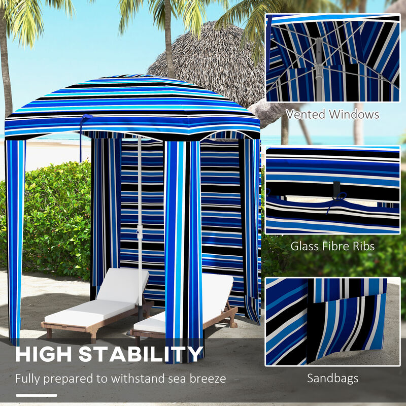 Outsunny 5.9' x 5.9' Portable Beach Umbrella, Ruffled Outdoor Cabana with Single-top, Vented Windows, Sandbags, Carry Bag, Blue Strip