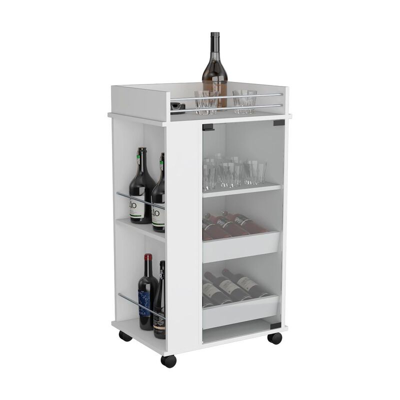 Lansing Bar Cart with Glass Door, 2-Side Shelves and Casters, White