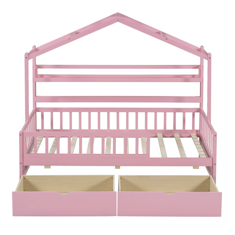 Wooden Twin Size House Bed with 2 Drawers, Kids Bed with Storage Shelf, Pink